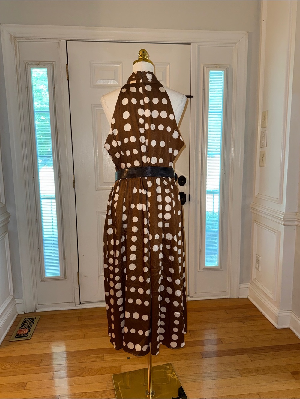 Donna Karan Brown and White Polka Dot Sleeveless Midi Dress - Picture 6 of 8
